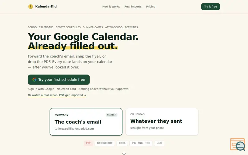 Screenshot of KalendarKid — Stop Typing Your Kids' Schedules Into Google Calendar
