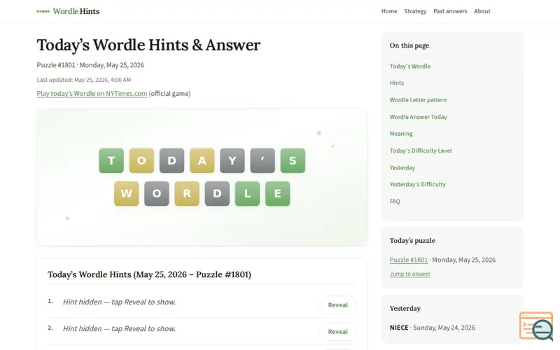 Screenshot of Today’s Wordle Answer & Hints