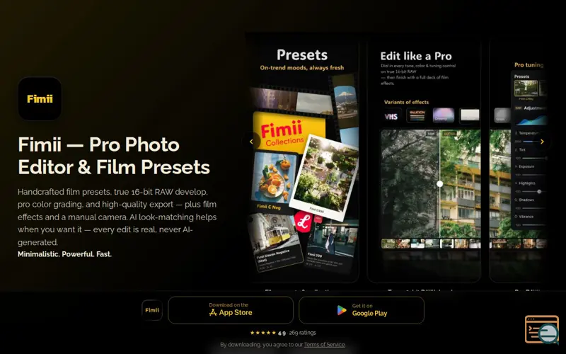 Screenshot of Fimii — Pro Photo Editor & Film Presets | RAW & Color Grading
