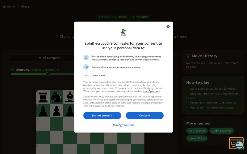 Screenshot of https://spinthecrocodile.com/chess