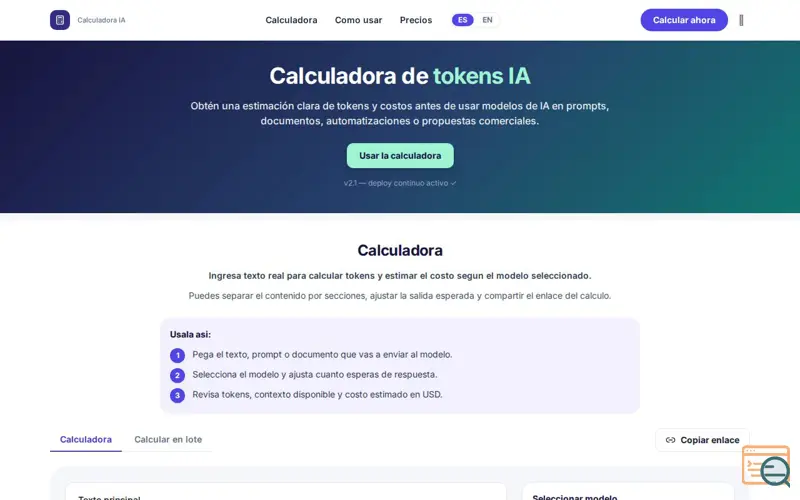 Screenshot of Calculadora de Tokens IA