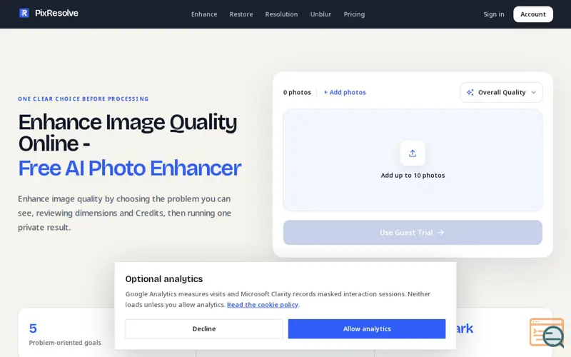 Screenshot of Improve Picture Resolution Online with AI | PixResolve, a launch using Neura Market