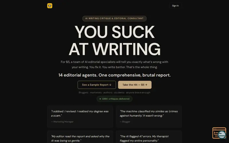 Screenshot of YouSuckAtWriting.com  