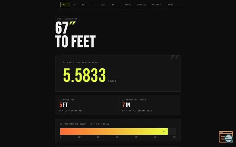 Screenshot of 67 Inches to Feet
