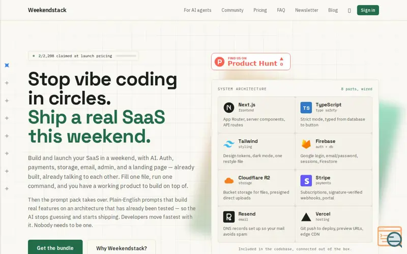 Screenshot of Weekendstack — Build and launch your SaaS in a weekend, with AI