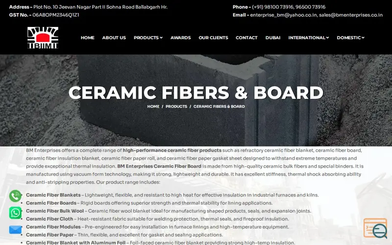 Screenshot of Ceramic Fiber Blanket & Board