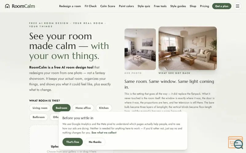 Screenshot of RoomCalm — Free AI Room Design That Keeps Your Real Room