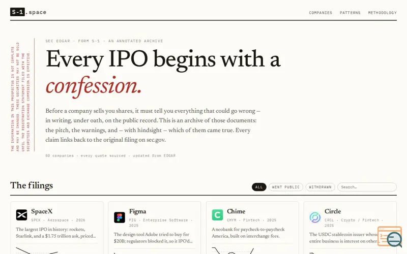 Screenshot of s-1.space — what they said before going public