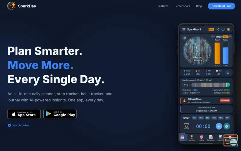 Screenshot of SparkDay - Daily Planner & Step Tracker, a launch using Prerender.io