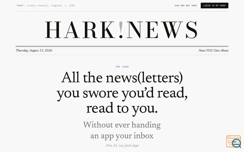 Screenshot of Hark News — Your newsletters, distilled to five spoken minutes