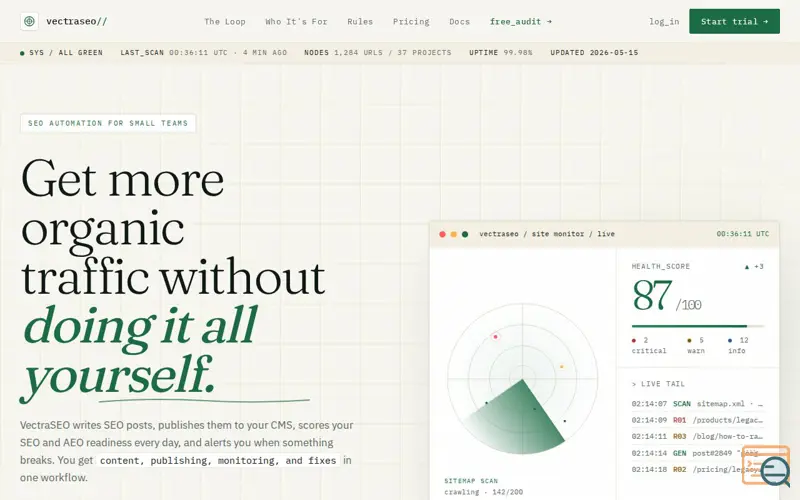 Screenshot of VectraSEO, a launch using Shopify