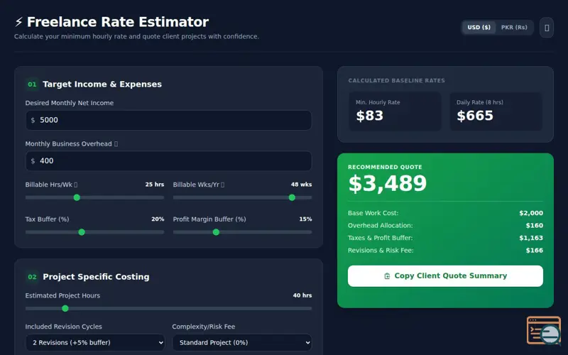 Screenshot of Freelance Rate & Project Cost Estimator