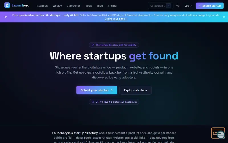 Screenshot of Launchory — Startup Directory. Where startups get found