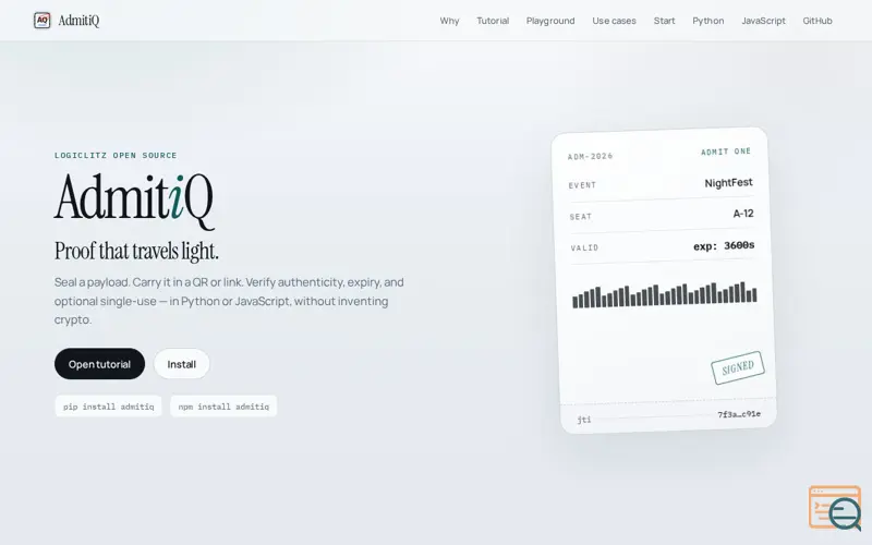 Screenshot of AdmitiQ - signed, expiring tokens