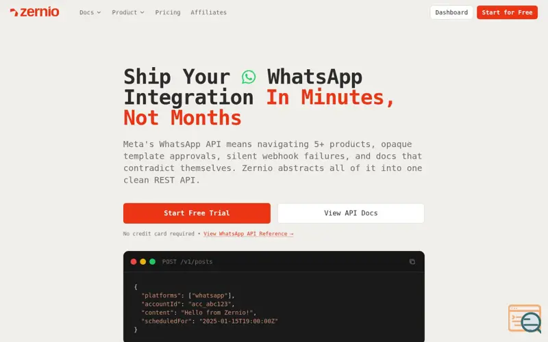 Screenshot of Zernio WhatsApp API