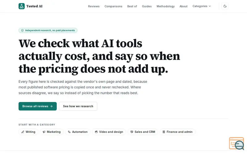 Screenshot of Tested AI: AI tool pricing, checked and dated | Tested AI