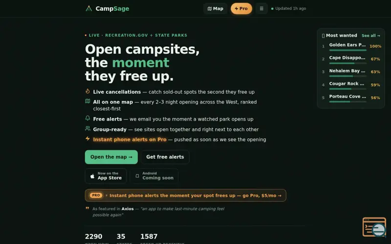 Screenshot of CampSage — Live Campsite Availability & Cancellation Finder (Western US)