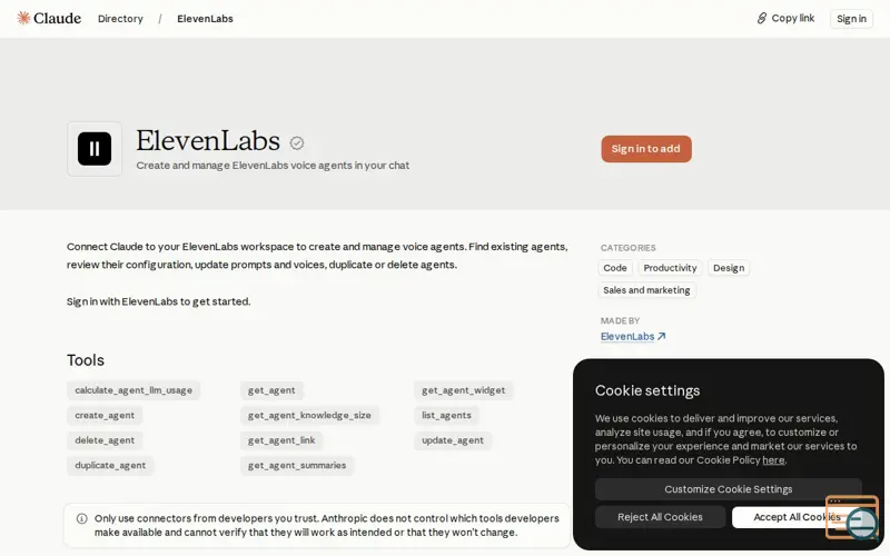 Screenshot of ElevenLabs MCP in Claude