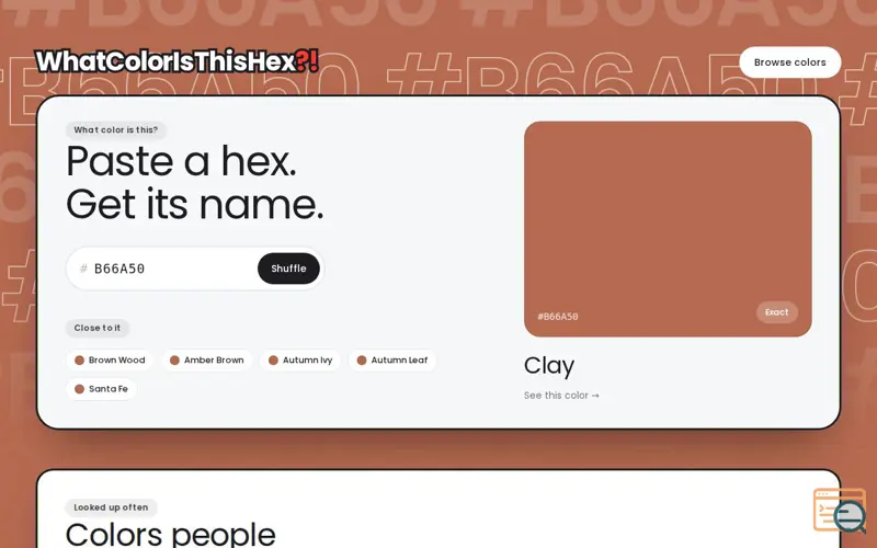 Screenshot of WhatColorIsThisHex — Paste a hex code, get its name