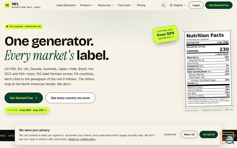 Screenshot of Nutrition Fact Label — Free Nutrition Facts Label Generator (FDA + 114 Countries)