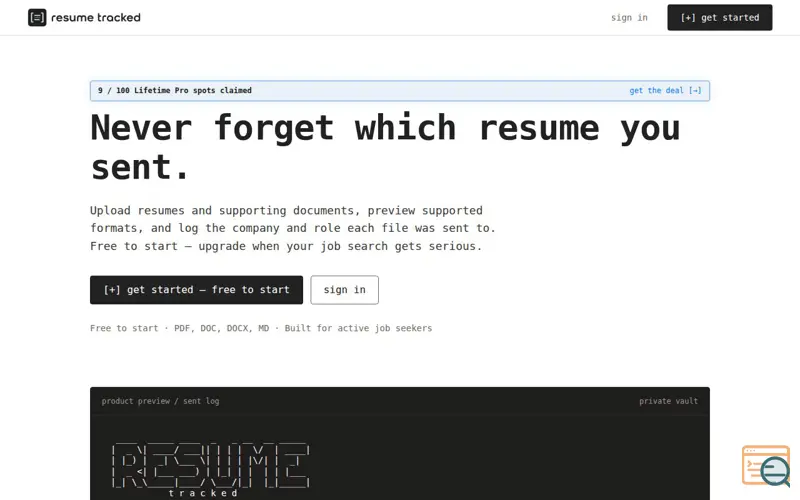 Screenshot of Resume Tracked