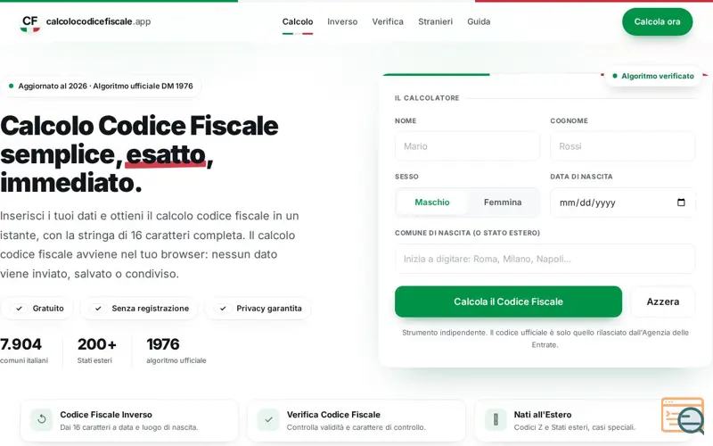 Screenshot of Calcolo Codice Fiscale Online Gratis: Calcola in 5 Secondi, a launch using Kash Digital Marketing
