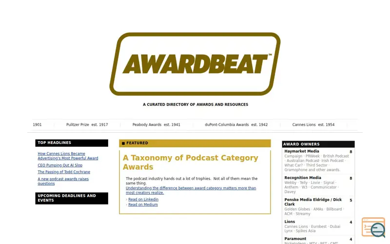 Screenshot of AwardBeat
