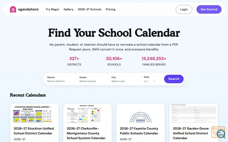 Screenshot of Agenda Hero 2026-27 School Calendars