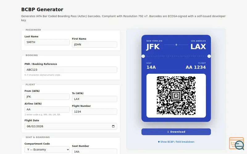 Screenshot of QR Boarding Pass Generator++