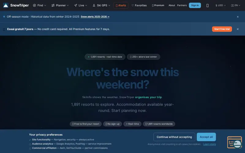 Screenshot of SnowTriper, a launch using Admitad