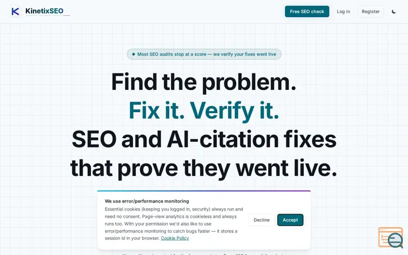 Screenshot of Fix your SEO & get cited by AI - KinetixSEO