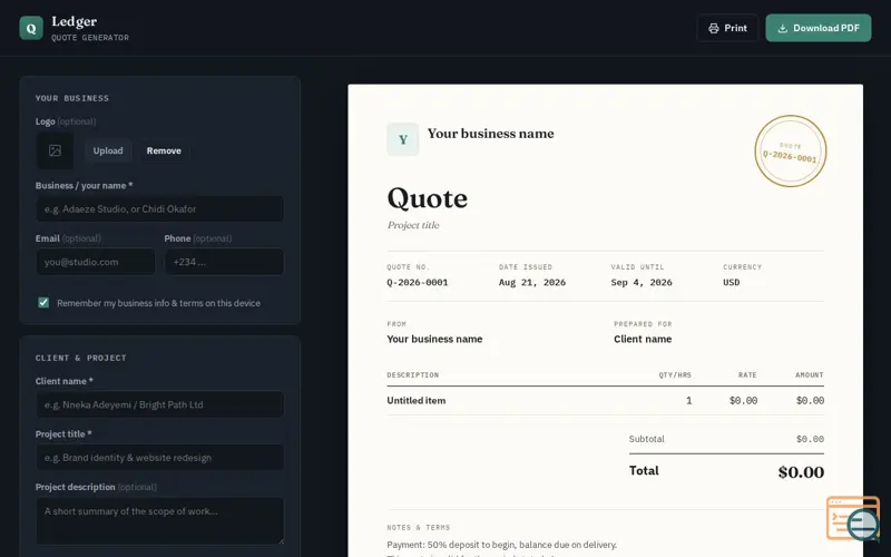 Screenshot of Ledger — Freelance Quote Generator