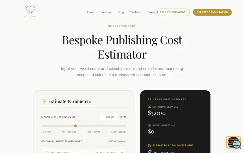 Screenshot of Bespoke Publishing Cost Estimator