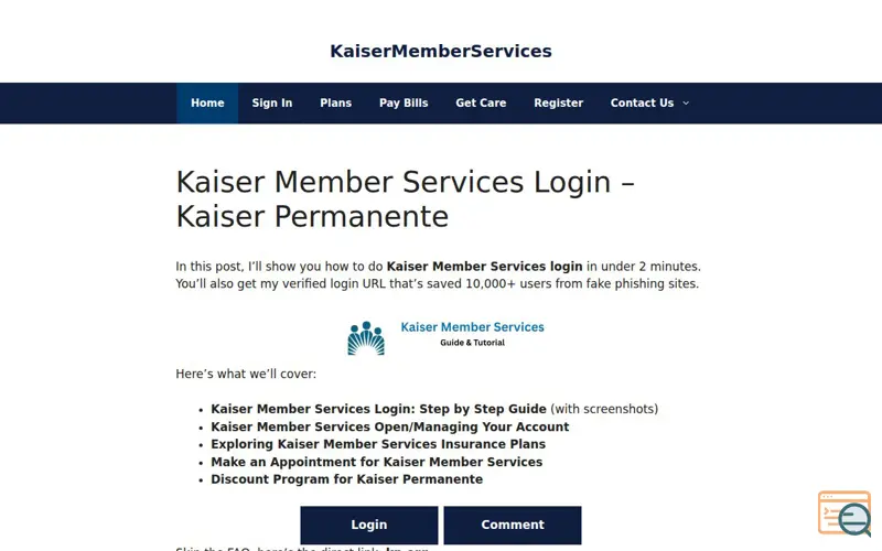 Screenshot of kaiser permanente login, a launch using Contact Form 7