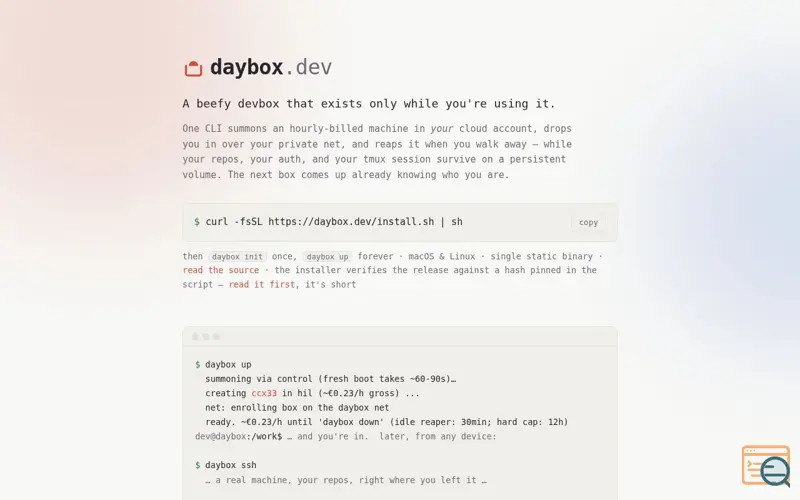 Screenshot of daybox — ephemeral devboxes in your own cloud account