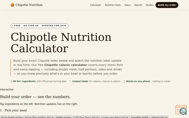 Screenshot of Chipotle Nutrition Calculator