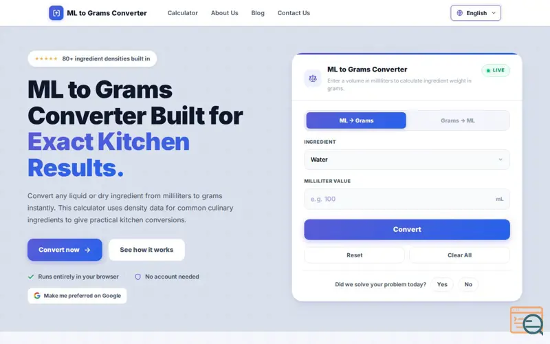 Screenshot of ML to Grams Converter