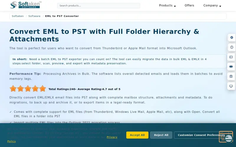 Screenshot of Softaken EML to PST Converter, a launch using JustHost Email