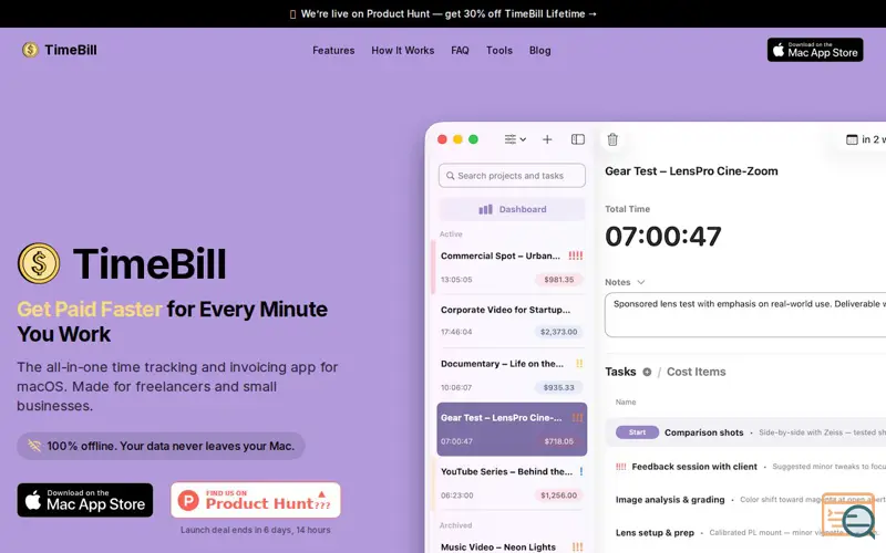 Screenshot of TimeBill, a launch using Dieter Datenschutz