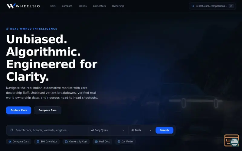 Screenshot of Wheelsio — Understand Cars. Compare Smarter. Own Better.