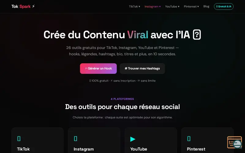 Screenshot of TokSpark — Outils Gratuits TikTok., a launch using n0c