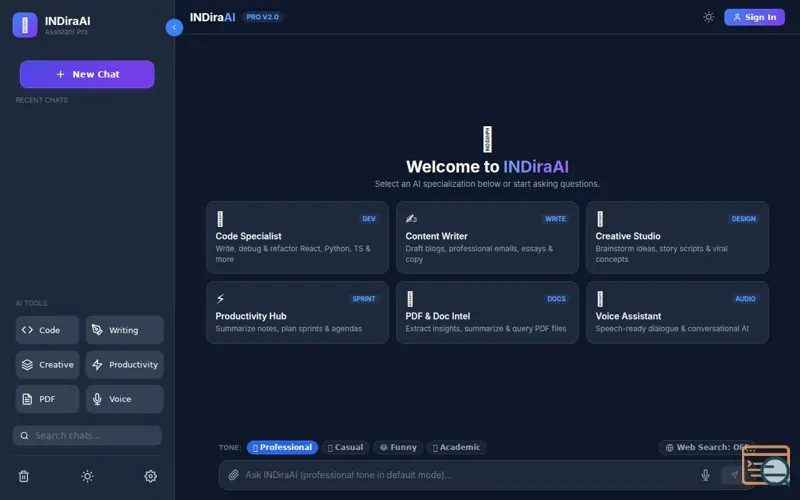 Screenshot of INDiraAI