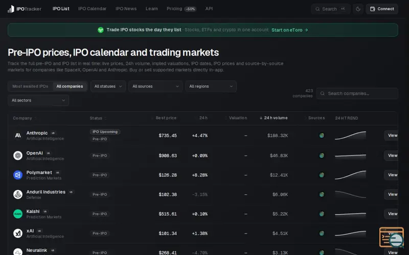 Screenshot of IPO Tracker