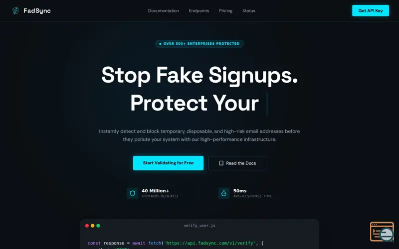 Screenshot of MailCheck Email Validation FadSync API