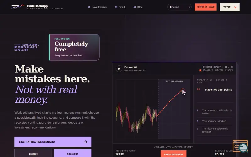 Screenshot of TradeFlashApp — Educational historical scenario simulator