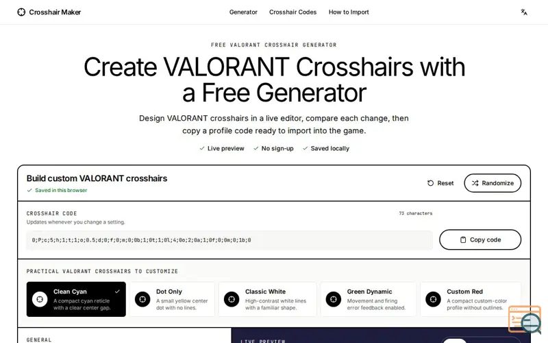 Screenshot of VALORANT Crosshairs – Free Crosshair Generator