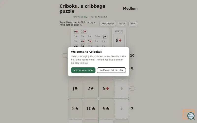 Screenshot of Criboku — a daily cribbage puzzle