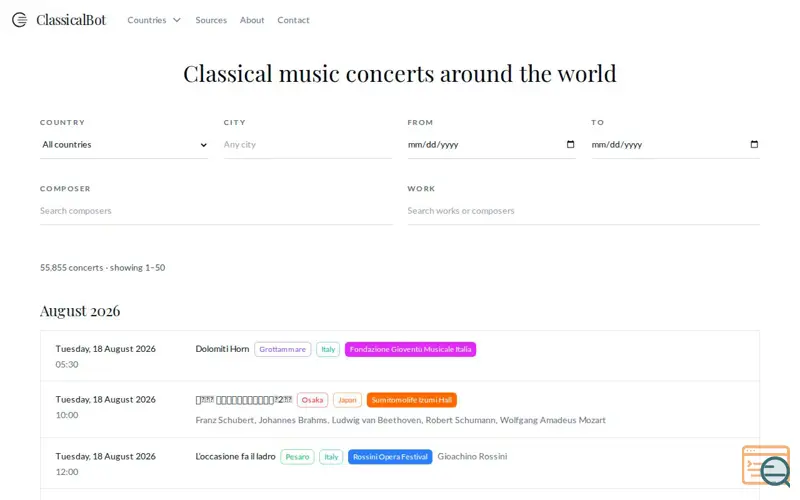 Screenshot of ClassicalBot — Classical music concerts around the world