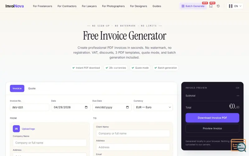 Screenshot of InvoiNova — Free Invoice Generator