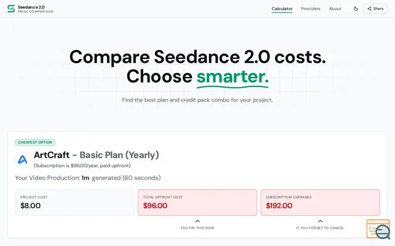 Screenshot of Seedance 2.0 Price Comparison